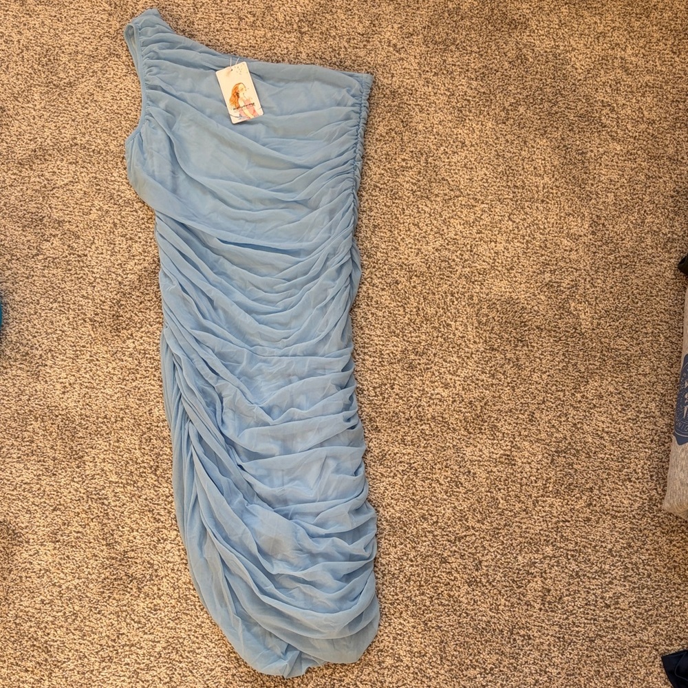 Asymmetric One-Shoulder Ruched Dress in Sky Blue
